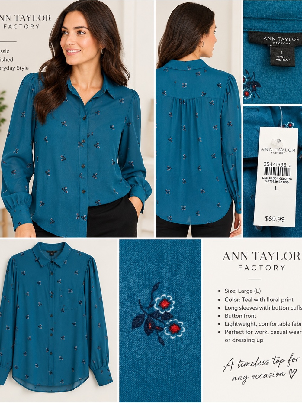 Ann Taylor Factory Teal Floral Button-Front Tunic